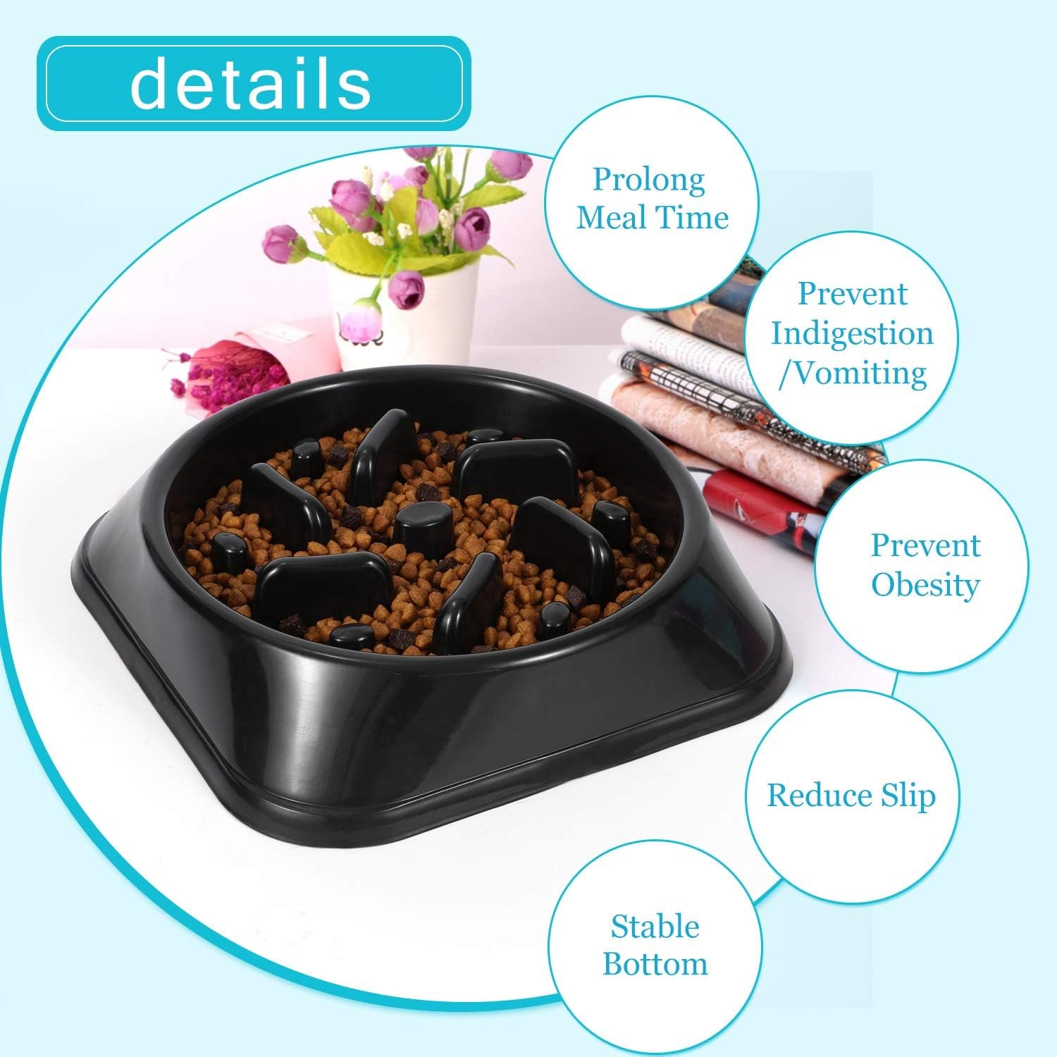 Dog Feeder Slow Eating Pet Bowl Eco-Friendly Durable Non-Toxic Preventing Choking Healthy Design Bowl for Dog Pet(S-M,Black)