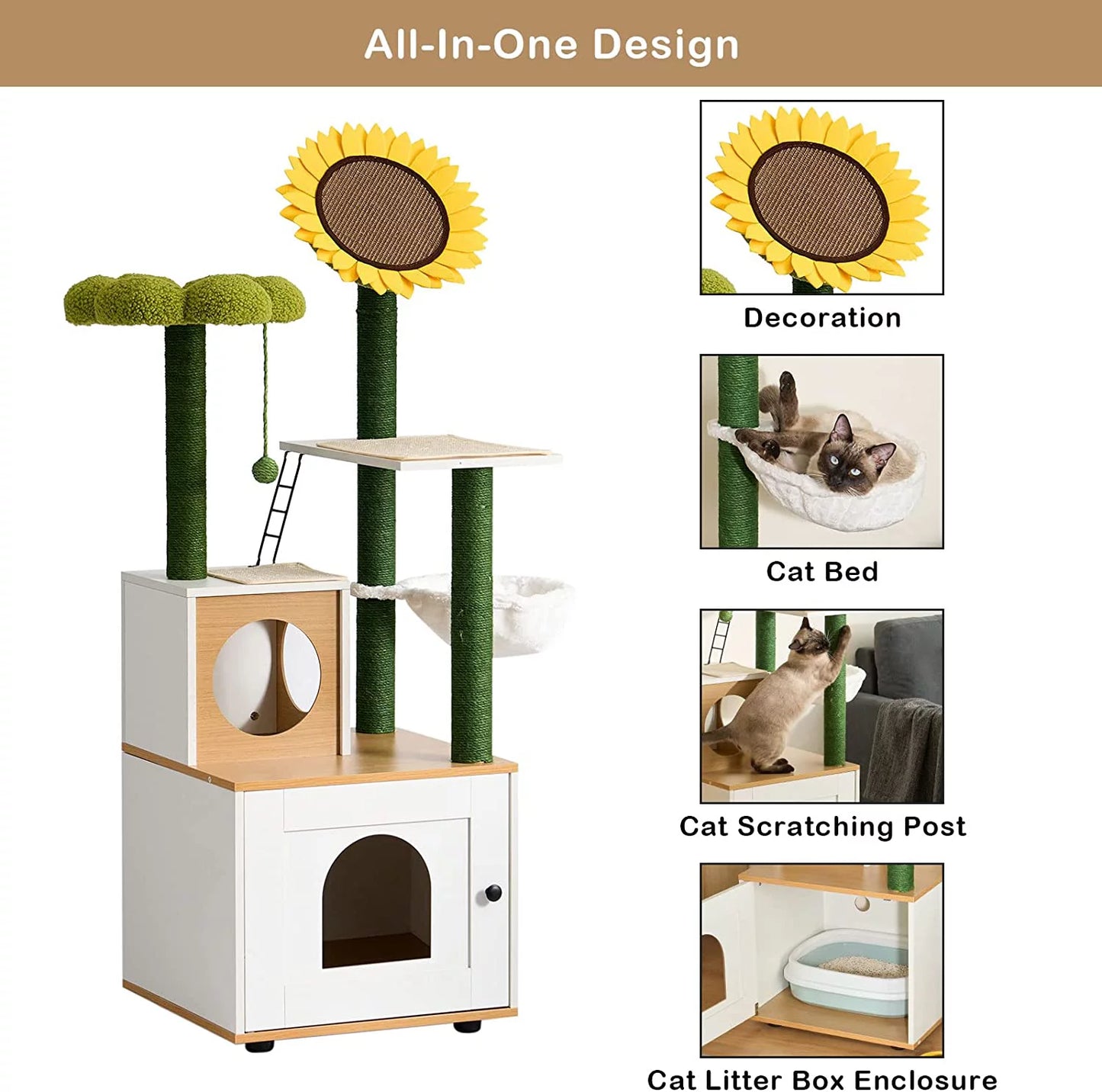 Multi-Functional Cat Cabinet with 4 Platforms, Reinforced Base, Heavy-Duty Sisal Scratching Posts, Detachable Carpet, and Interactive Ball - Cat Cabinet