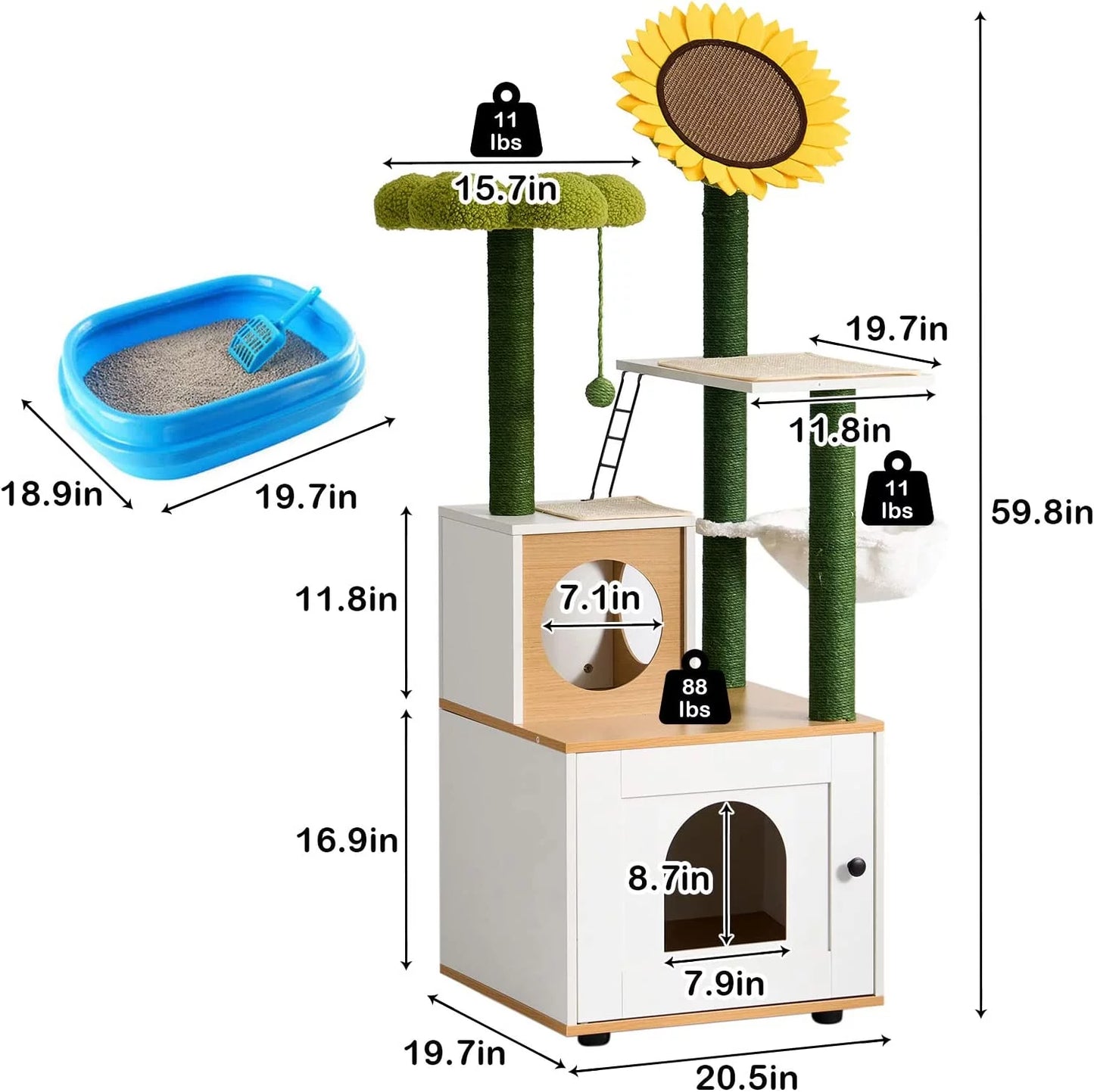 Multi-Functional Cat Cabinet with 4 Platforms, Reinforced Base, Heavy-Duty Sisal Scratching Posts, Detachable Carpet, and Interactive Ball - Cat Cabinet