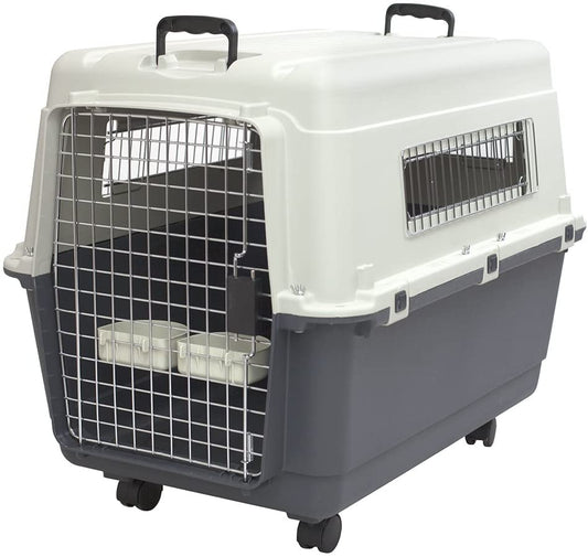 Plastic Kennels Rolling Plastic Wire Door Travel Dog Crate- Large Kennel, Gray