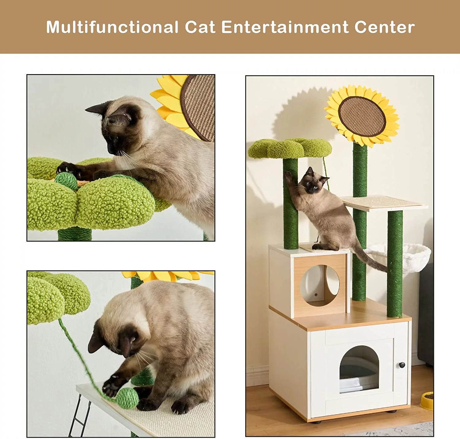 Multi-Functional Cat Cabinet with 4 Platforms, Reinforced Base, Heavy-Duty Sisal Scratching Posts, Detachable Carpet, and Interactive Ball - Cat Cabinet