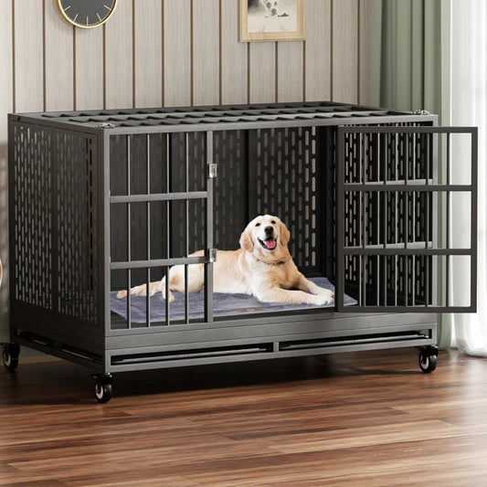 RERORD 48 Inch Heavy Duty Dog Crate with Wheels, Folding Metal Big Dog Cage Extra Large Dog Crate