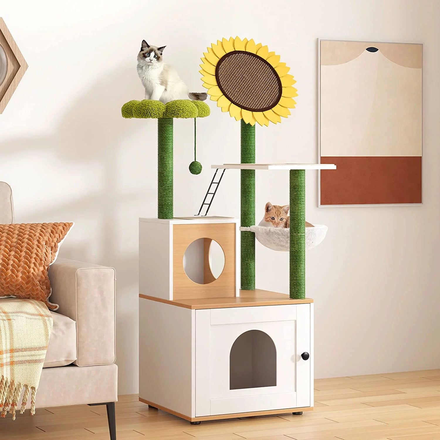 Multi-Functional Cat Cabinet with 4 Platforms, Reinforced Base, Heavy-Duty Sisal Scratching Posts, Detachable Carpet, and Interactive Ball - Cat Cabinet