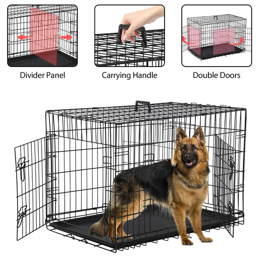 42 Inch Dog Crate, Dog Crates and Kennels Foldable Large Dog Crate for Large Dogs with Handle Double-Door Outdoor Metal Wire Dog Cage with Plastic Tray for Medium Dogs, Black